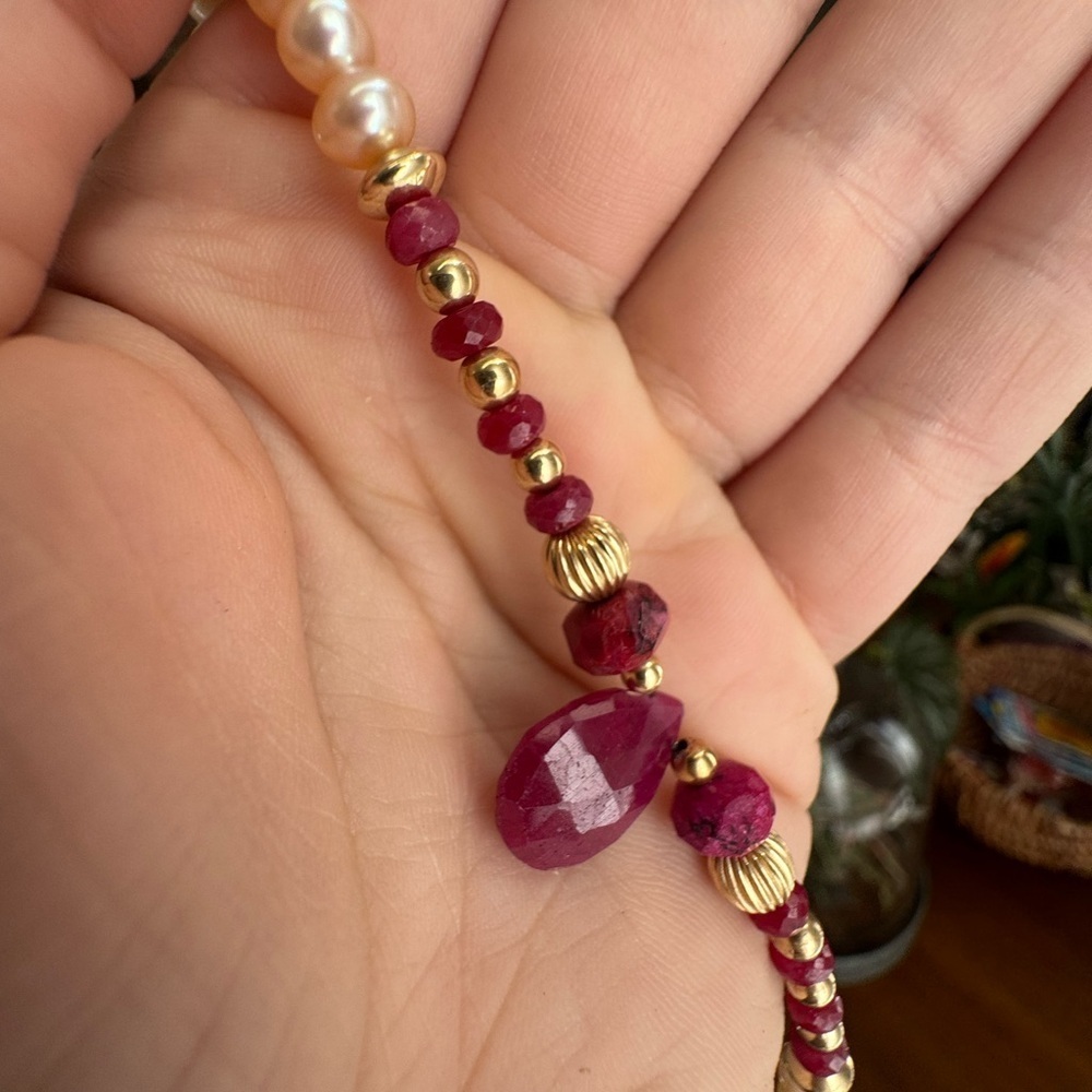 14k Gold Filled Lab Ruby Champagne Freshwater Pearl Necklace - Picture 4 of 8